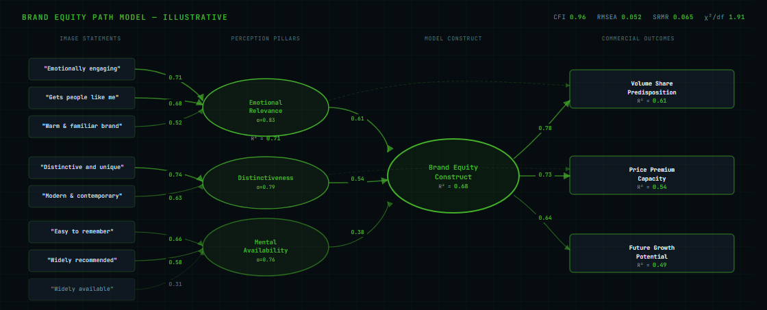 Brand equity path model diagram showing image statements flowing into perception pillars (Emotional Relevance, Distinctiveness, Mental Availability) with standardised path coefficients, then into commercial outcomes (Volume Share Predisposition, Price Premium Capacity, Future Growth Potential). R-squared values and model fit statistics shown.